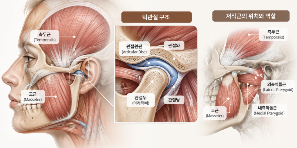턱관절 관절원판과 교근 측두근 외측익돌근 내측익돌근의 해부학적 위치