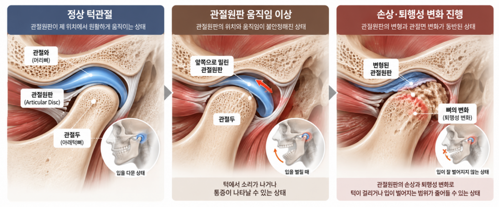 정상 턱관절부터 관절원판 움직임 이상과 손상 퇴행성 변화까지 보여주는 의료 일러스트