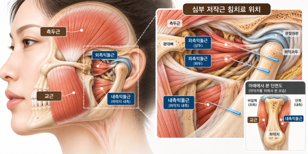 턱관절 외측익돌근과 내측익돌근의 위치와 심부 저작근 침치료를 보여주는 해부학 일러스트